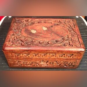 VTG Hand Carved Wooden Box W/Brass Inlay Approx.1960’s-70’s Jewelry,Trinket Box
